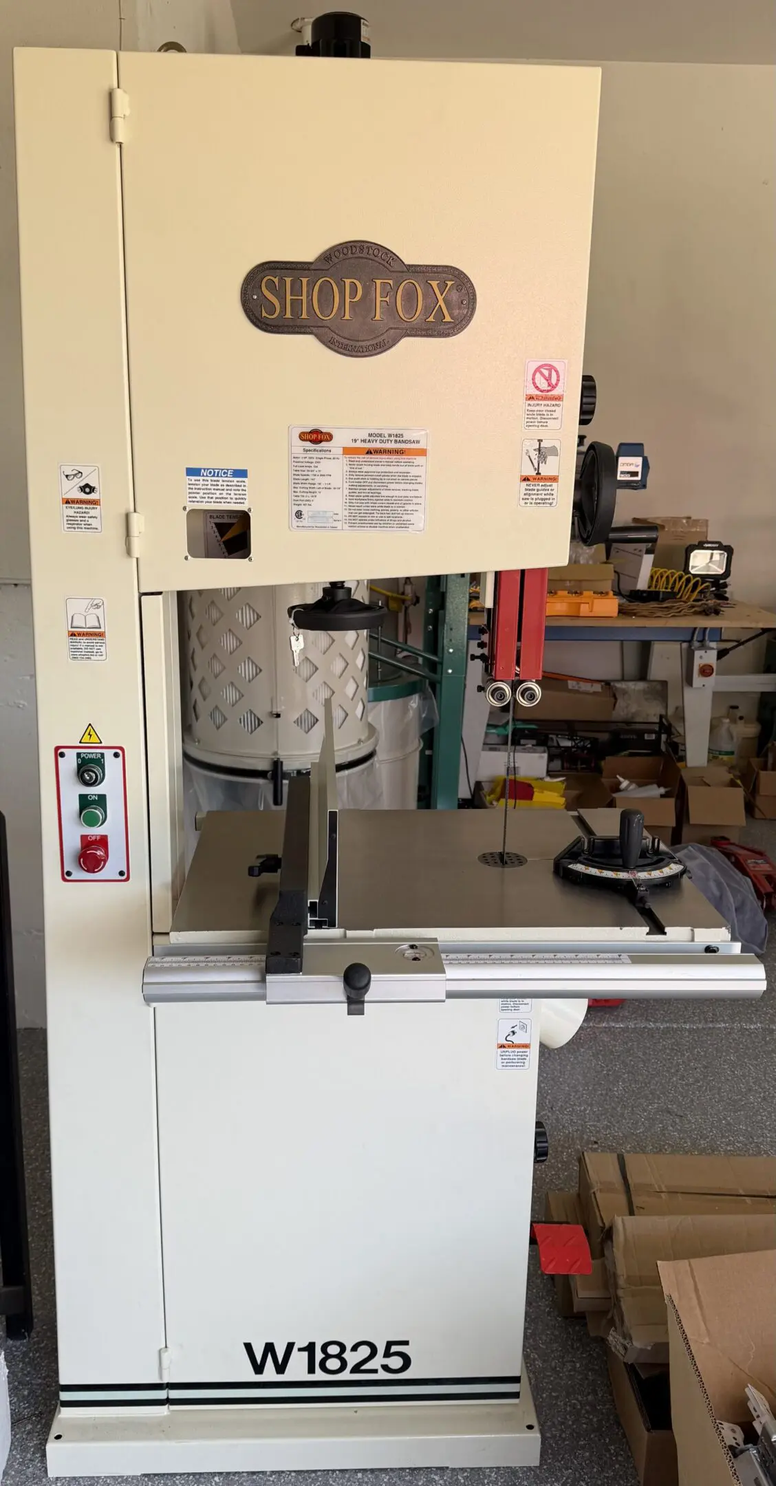 Shop Fox W1825 vertical band saw in workshop