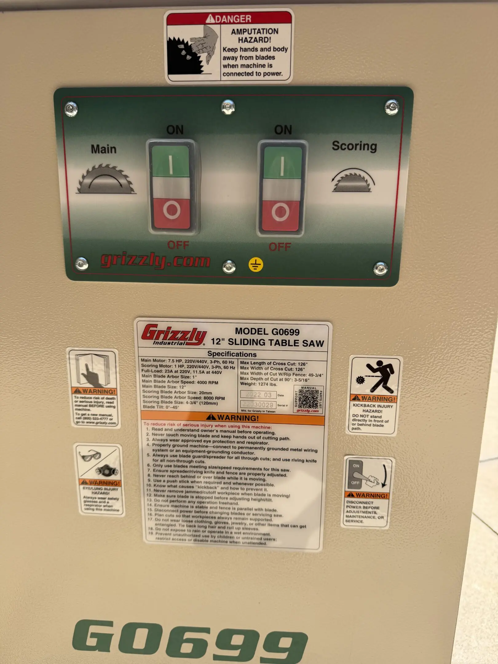 Grizzly G0699 table saw control panel