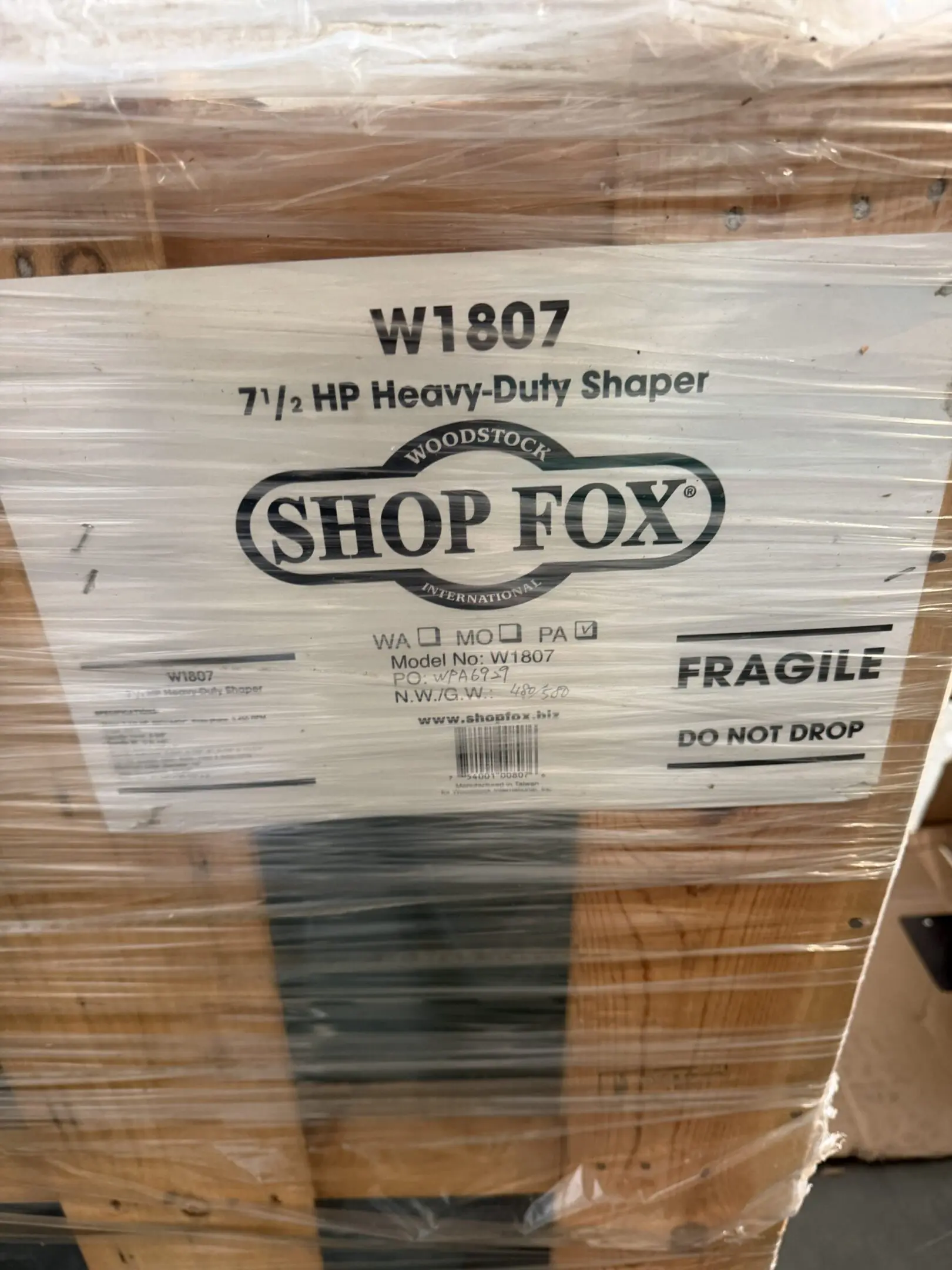 Wrapped Shop Fox W1807 heavy duty shaper crate