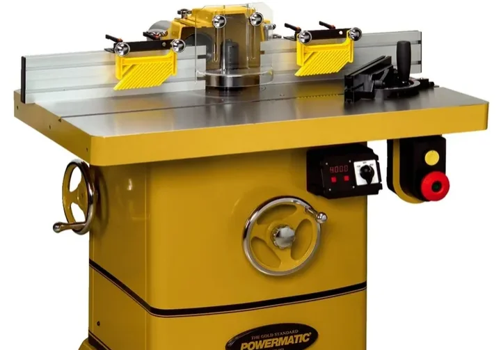 Yellow table saw with controls