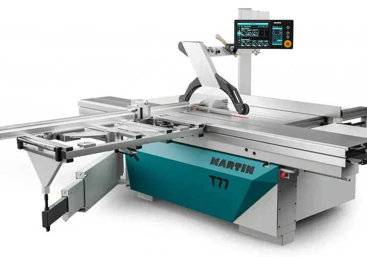Precision woodworking saw with display panel